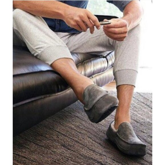 UGG 10 Slippers Men’s Ascot Grey Suede Plush Shearling Fur House Casual Shoes - Picture 5 of 12